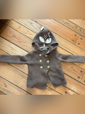Baby Boden Brown and Cream Knit Hooded Cardigan with Deer Animal Face 18-24mo